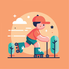 vector image of a small child playing on roller skates