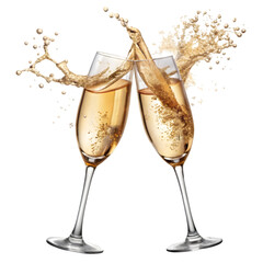 two champagne glasses clinking together in a celebratory toast bubbles rising from the effervescent liquid symbolizing joy success and jubilation against a transparent background