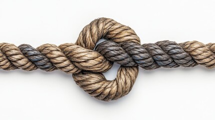 Obraz premium Close-up of a knotted rope on white background showcasing strength and stability