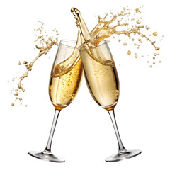 two champagne glasses clinking together in a celebratory toast bubbles rising from the effervescent liquid symbolizing joy success and jubilation against a transparent background