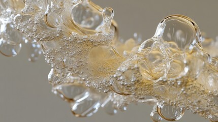 70.A close-up view of liquid-transparent bubbles in motion, suspended over a muted grey background. The realistic textures and light refraction emphasize their fluid nature, while their soft