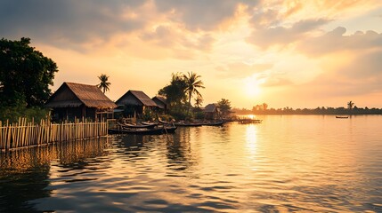 Fototapeta premium Golden Sunset Over Water Village Houses And Boats