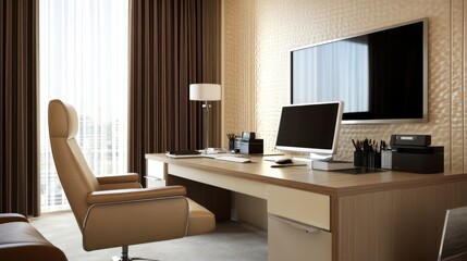 Fototapeta premium A large office desk with multiple gadgets, paired with a leather reclining chair.