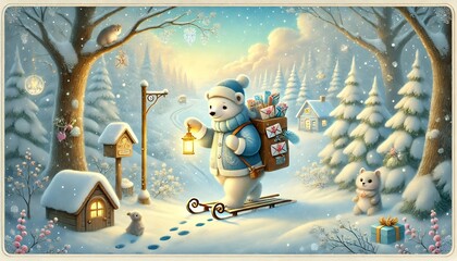 A Polar Bear Mailman Delivering Magical Letters in a Pastel Winter Forest Wonderland