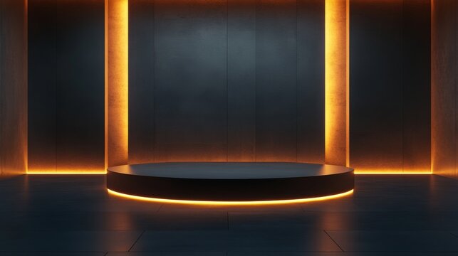 82.A modern abstract scene with a smooth, rectangular podium surrounded by soft ambient lighting. The minimalistic composition emphasizes simplicity and sophistication, ideal for showcasing products.