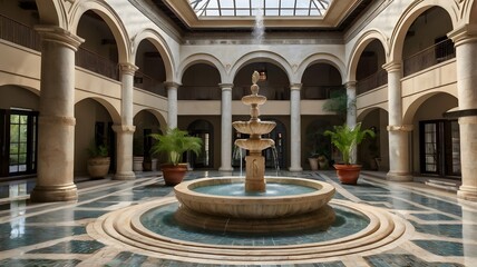 Obraz premium A grand, open-air courtyard with a central fountain, surrounded by arched walkways and elegant columns, creating an atmosphere of luxury and grandeur.