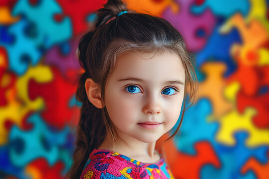 World Autism Awareness Day, April 2. Cute little girl in front of a colorful puzzle wall. World Autism Awareness Day or Month concept and child mental health concept.