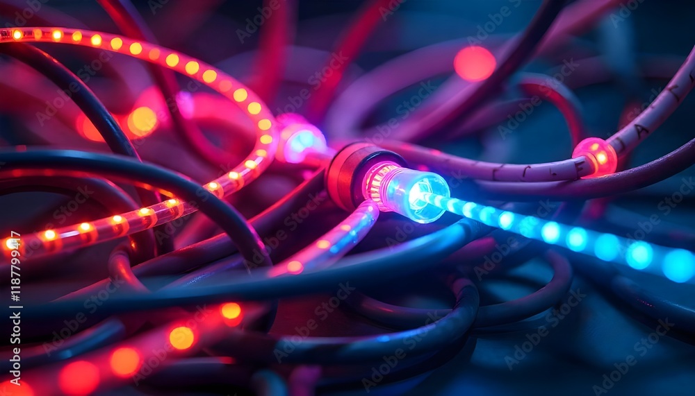 Aufkleber A dynamic image of colorful electric cables intertwined with glowing LED lights and vibrant optical fibers, showcasing intense colors and futuristic energy, perfect as a background for technology and 