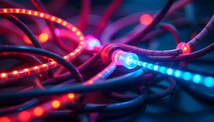 A dynamic image of colorful electric cables intertwined with glowing LED lights and vibrant optical fibers, showcasing intense colors and futuristic energy, perfect as a background for technology and 