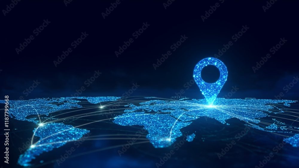 Poster mapping global connectivity digital location pin on world map tech visualization nighttime futuristi