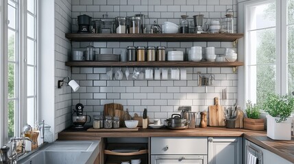 A modern rustic kitchen with open wooden shelves and neatly displayed kitchen essentials.