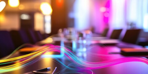 A blurred business meeting background with colorful lines connecting various tech devices, signifying digital communication.