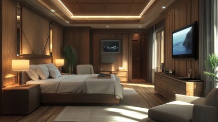 Fototapeta premium Cozy modern hospital room interior bed in row,VIP hospital room side view panoramic window on skyscrapers,design of relax and medical care space,copy space.