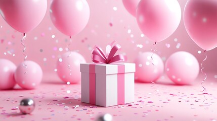 Colorful birthday celebration with pink balloons, gift boxes, and confetti on bright background – 3d rendering