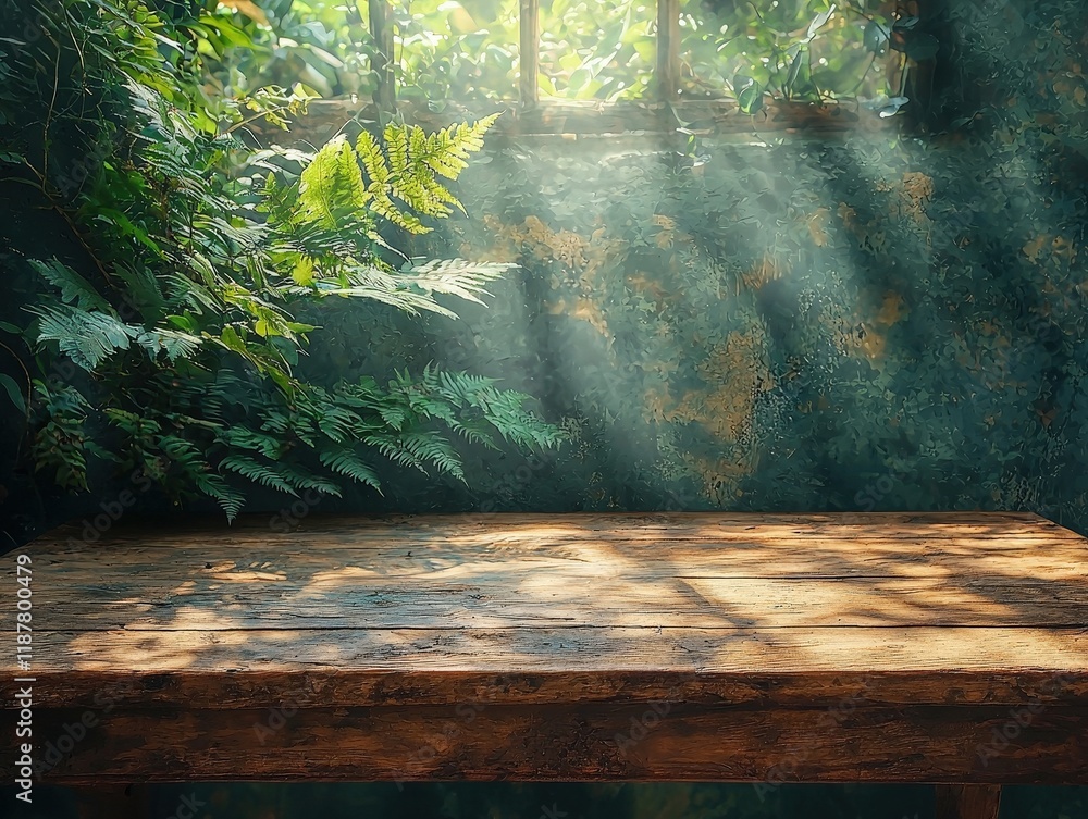 Poster rustic wooden table against a backdrop of lush foliage and a window casting sunbeams. ideal for disp
