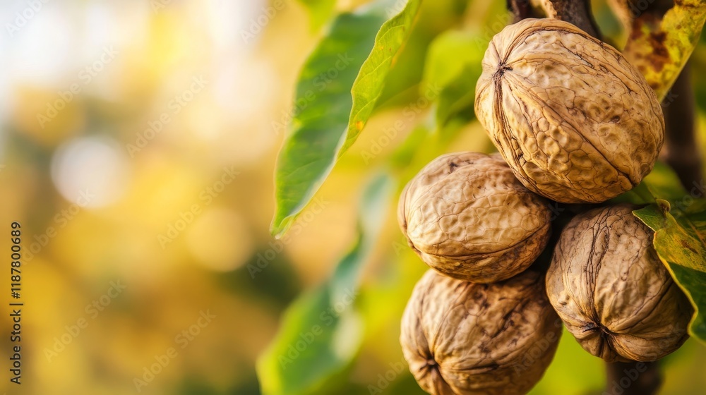 Poster close-up of clustered walnuts on tree branch with autumn leaves