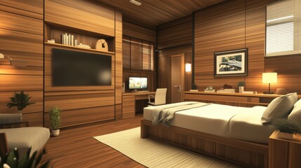 Naklejka premium Cozy modern hospital room interior bed in row,VIP hospital room side view panoramic window on skyscrapers,design of relax and medical care space,copy space.