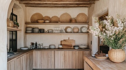 Obraz premium A rustic open kitchen with wooden shelves holding woven baskets and vintage plates.