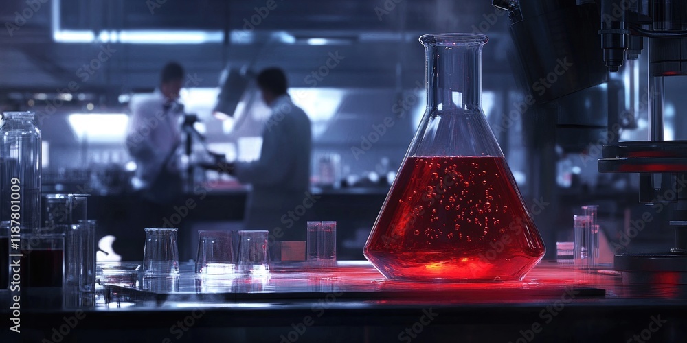 Poster A laboratory scene focuses on a bubbling flask of red liquid, with a scientist working in the background.