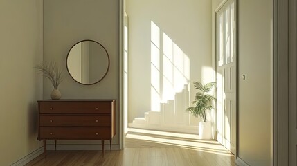 A Scandinavian-inspired entryway with a sleek wooden commode and a round mirror.