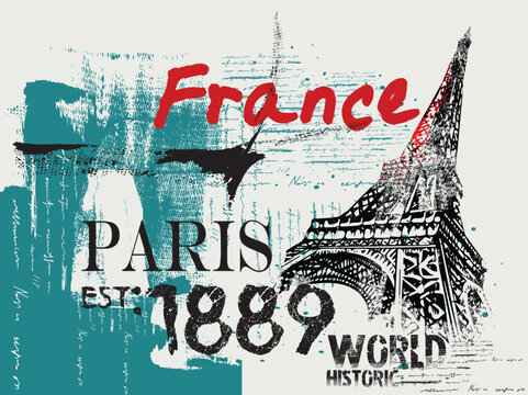 illustration of world historic buildings in France. t shirt graphics print vector illustration design, hand drawn illustration of eiffel tower, Urban Paris typography art.eps