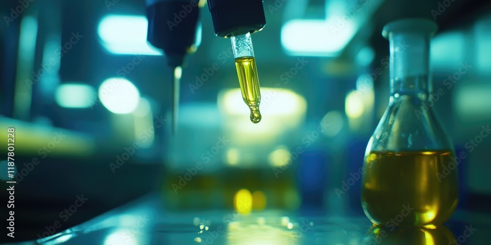 Poster a close-up captures a droplet of yellow liquid hanging from a pipette, within a detailed laboratory 