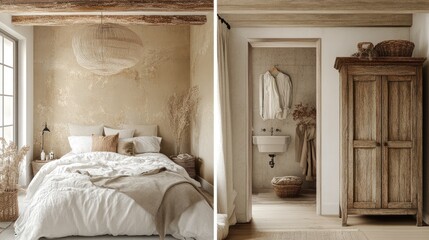 A Scandinavian-inspired room with a distressed wooden commode and earthy accents.