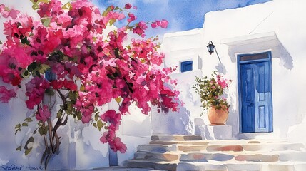 Fototapeta premium Watercolor of Traditional greek Santorini house with bougainvillea flowers,Greece islands blue white traditional cafe restaurant architecture,Santorini blue door window,Mediterranean scene.