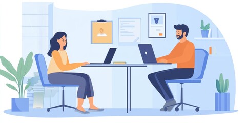 A business coach mentoring a client over a laptop in a professional yet cozy home office.