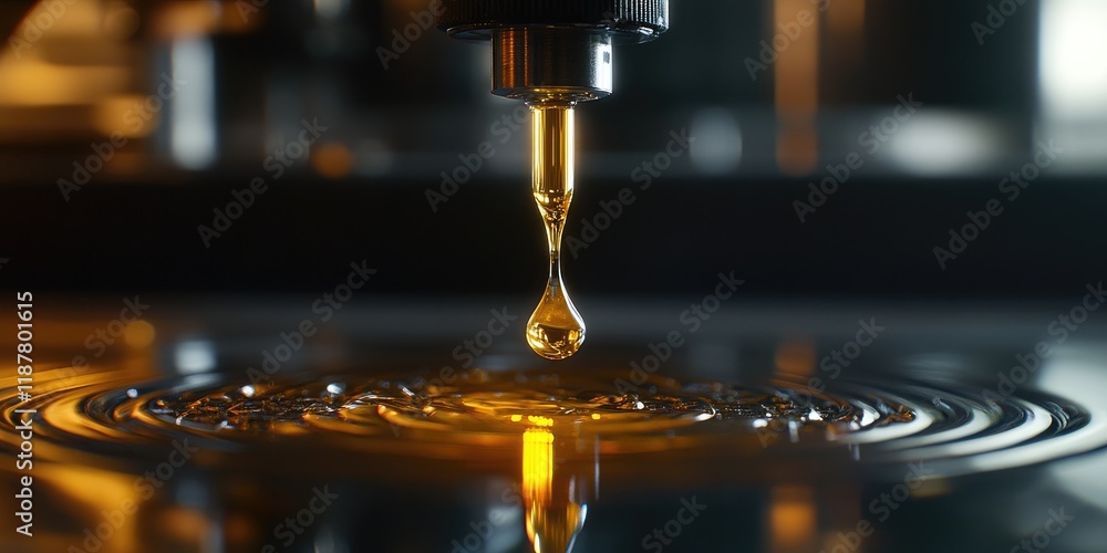 Poster a close-up captures a droplet of yellow liquid hanging from a pipette, within a detailed laboratory 