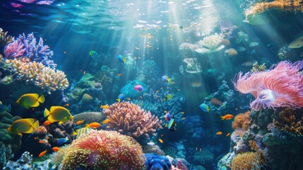 Fototapeta premium a dreamy underwater paradise teeming with vibrant marine life, white space in the center of the page for text, vivid coral reefs contrasting against azure waters