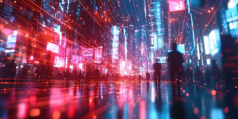 A blurred city image with neon lines connecting people and devices, representing digital communication and a connected network.