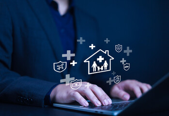 Insurance and safety protection concept of businessman. Icon shows virtual in of businessman screen, healthcare, insurance, investment, Car, travel, health and family insurance