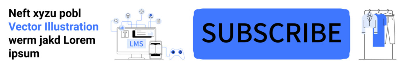 Blue SUBSCRIBE button in center, bookended by icons of a learning module and a user with notifications. Ideal for digital marketing, online courses, media content, tech blogs, UX design, user