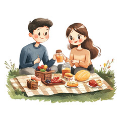 Watercolor illustration of a couple enjoying a picnic on a grassy field with food and drinks isolated on white or transparent PNG