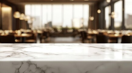 Elegant white marble table top with a bokeh restaurant backdrop.