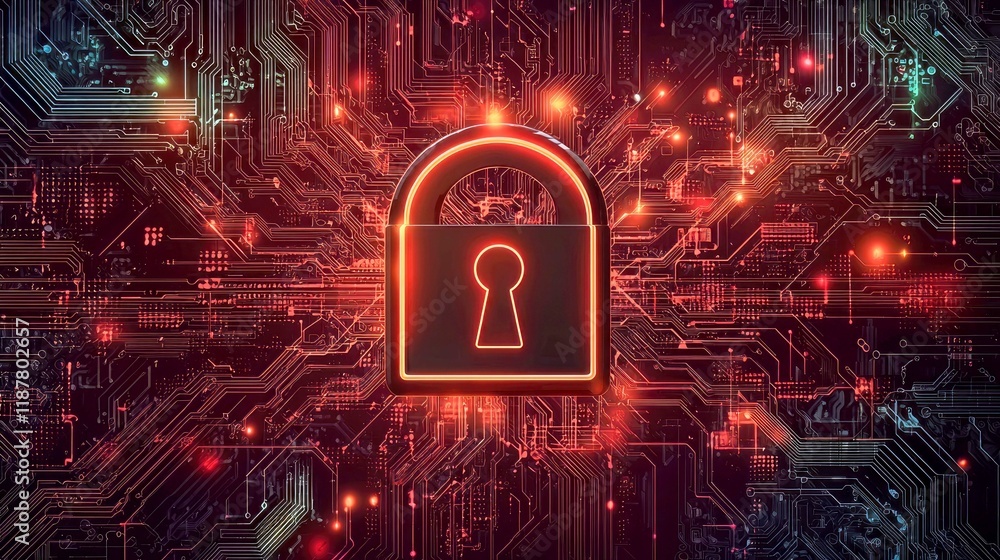 Poster cyber security: digital lock on abstract circuit board background. data protection, privacy, and net