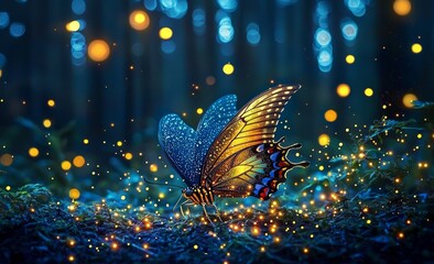 Fototapeta premium Whimsical fairy tale imagery of a butterfly surrounded by fireflies.