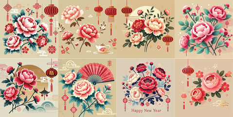 set image of Lunar year peony flower design on peach background © Ayu