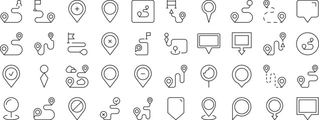 Pack of Map Pin Related Line Icons. Outline Signs for Graphic and Web Design, Apps, Adverts, Various Cards