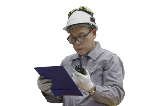 Asian male worker working with clipboard on white background. Asian male engineer using clipboard on white background