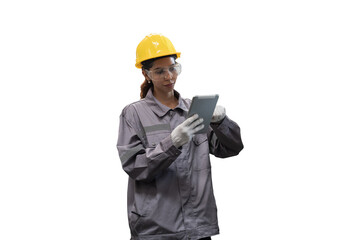 Female worker working with digital tablet on white background. Female engineer using digital tablet...