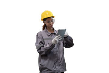 Female worker working with digital tablet on white background. Female engineer using digital tablet on white background