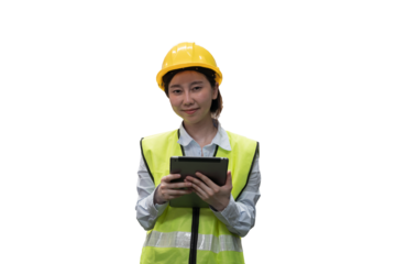 Asian woman worker working with digital tablet on white background. Asian woman engineer using digital tablet on white background