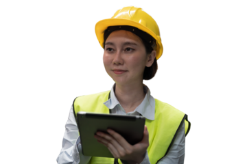 Asian woman worker working with digital tablet on white background. Asian woman engineer using digital tablet on white background