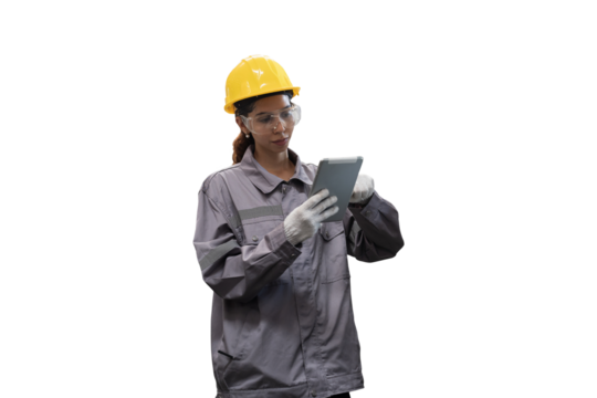 Female worker working with digital tablet on white background. Female engineer using digital tablet on white background
