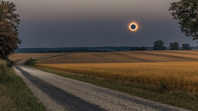 A solar eclipse captured in a rural setting with open fields in the foreground.
