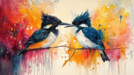 Two colorful birds perched on a branch, facing each other against a vibrant watercolor background.