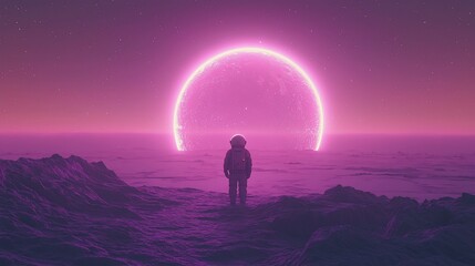 Obraz premium Astronaut on alien planet facing a giant pink sun.