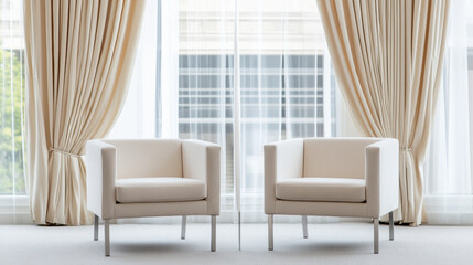 Modern transparent chairs paired with elegant velvet drapery create serene atmosphere. soft colors and textures enhance room elegance